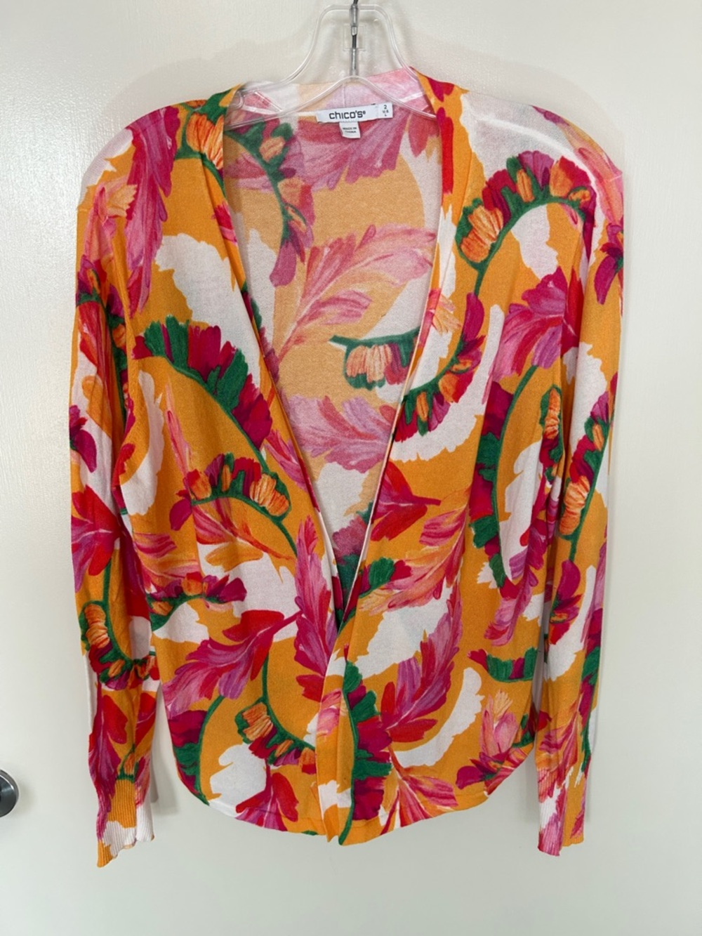 Chico's Size 2 Floral Open-Front Cardigan in Orange, Pink & Green, Cotton blend